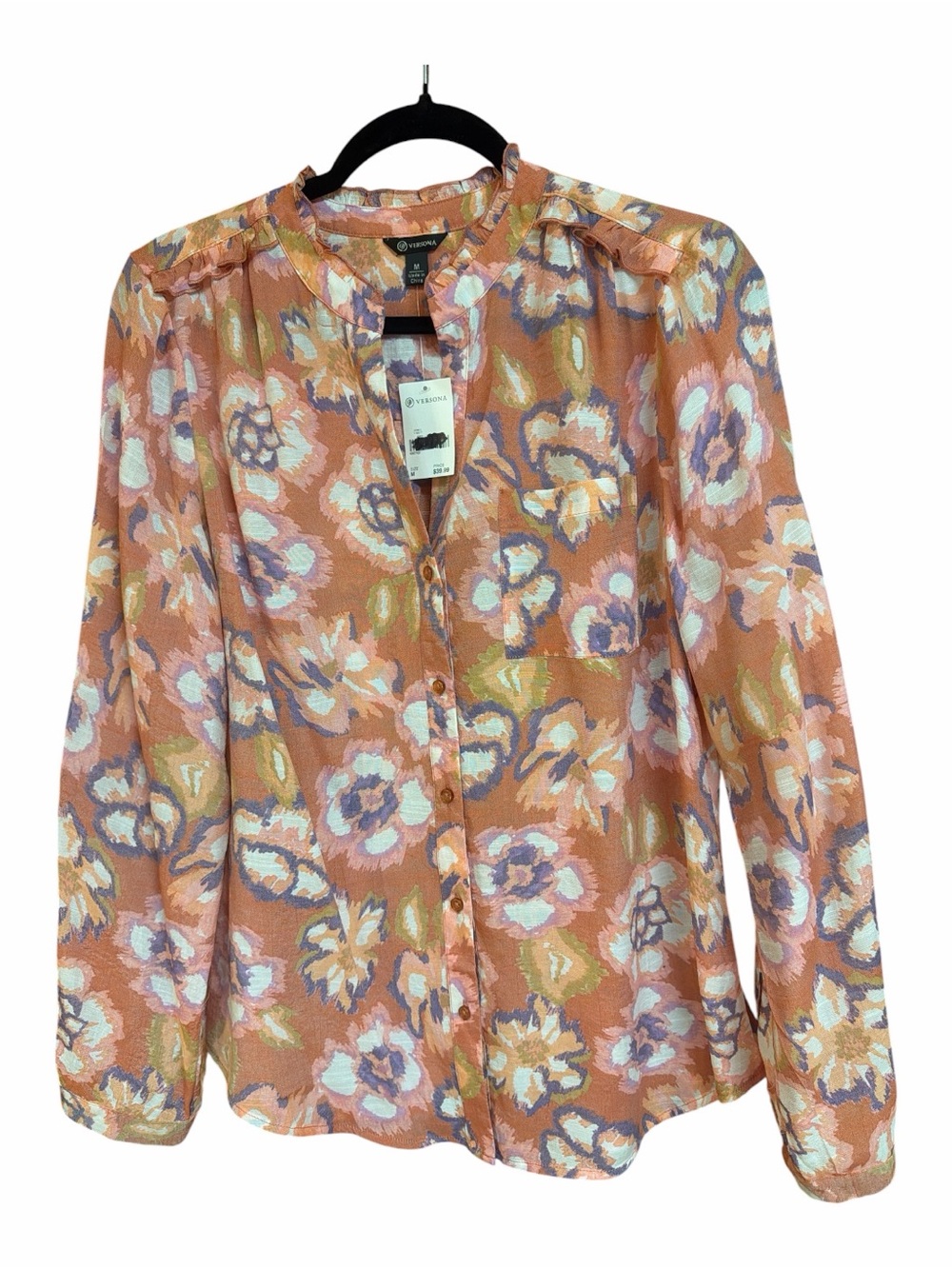 Versona Floral Multi Colored Button-Front Tunic Roll Tab Sleeves NWT Medium